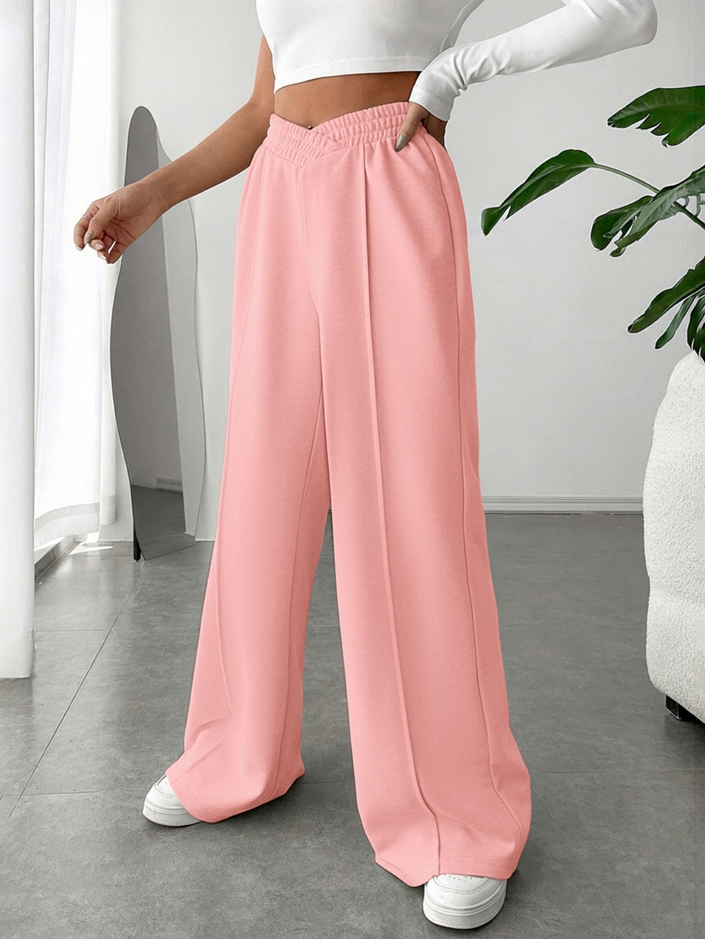 Wide Leg Pink Palazzo Pants - Women's Pull-On Trousers - Picture 4 of 7